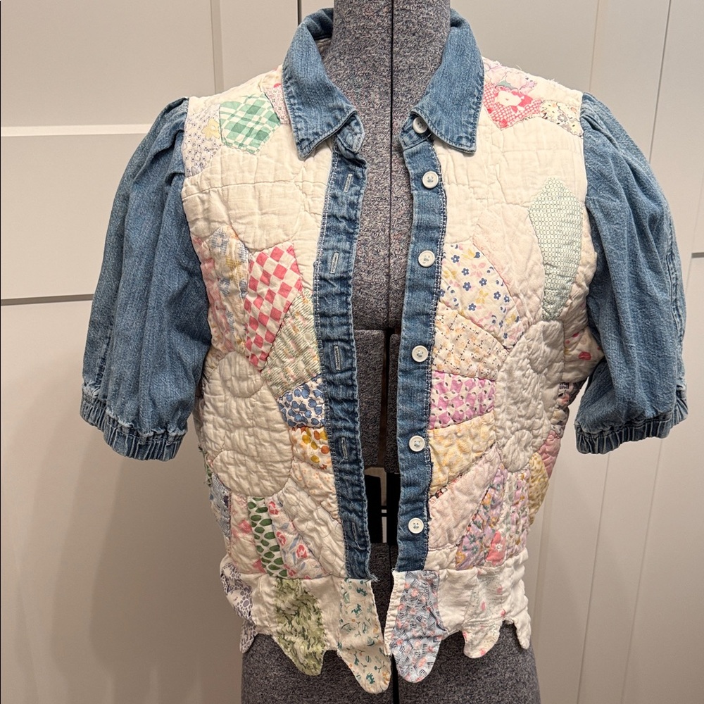 Handmade from recycled antique quilt and denim vest/top small/medium
